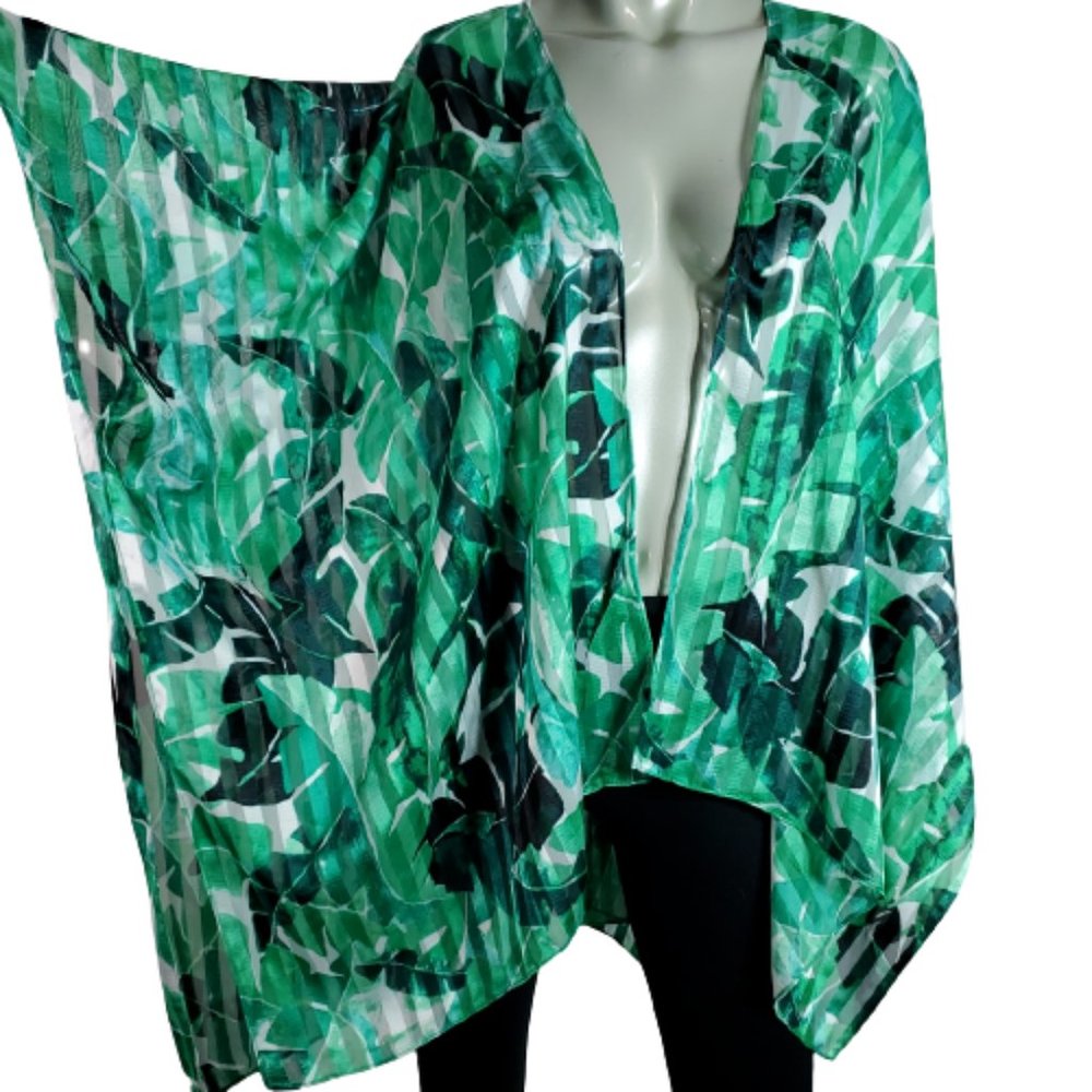 Cato Womens Open Front Kimono One Size Tropical Print Swim Cover Up Green Casual